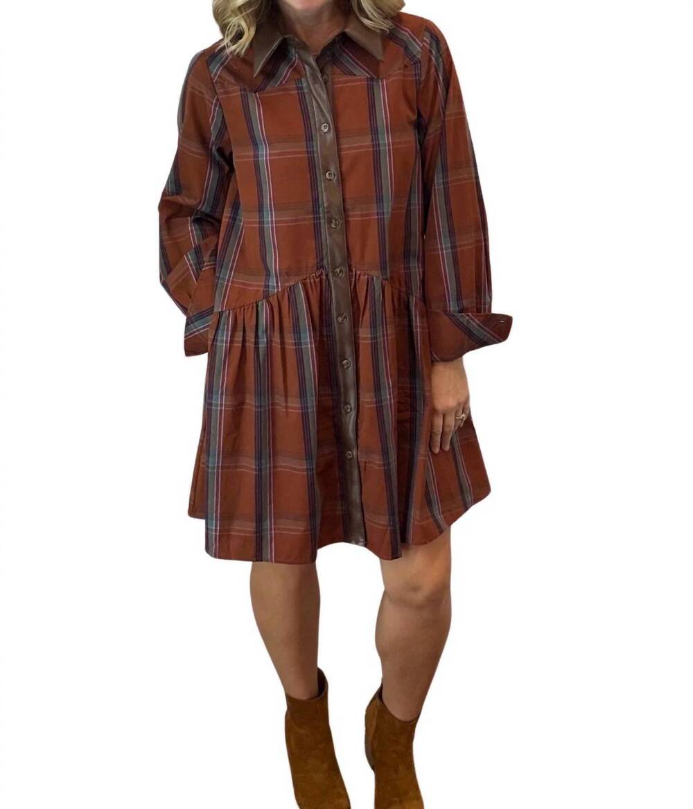 NEW THML plaid contrast leather button dress in brown
